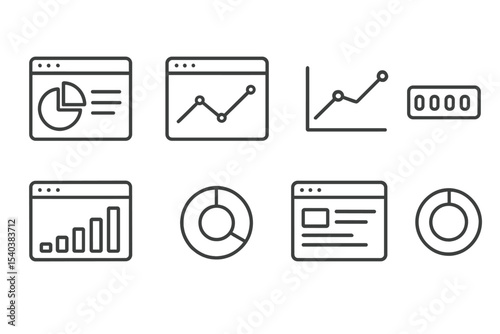 Visual Data Icons. Line style icons of visual data on websites: infographic widget, chart box, stat icon, live counter, bar graph,