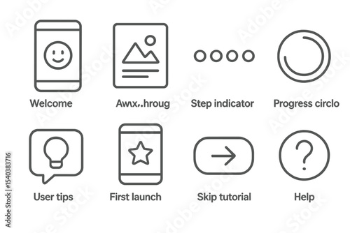 UI Onboarding Icons. Line style icons of UI elements for onboarding: welcome screen, walkthrough steps, step indicator, progress