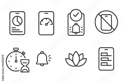 Digital Wellbeing Icons. Line style icons of digital wellbeing: screen time tracker, app usage meter, daily digital limit, healthy
