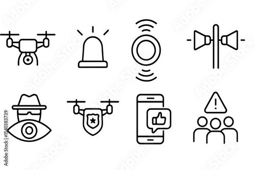 Public Safety Icons. Line style icons of public safety tech: surveillance drone, emergency response alert, smart fire detector,