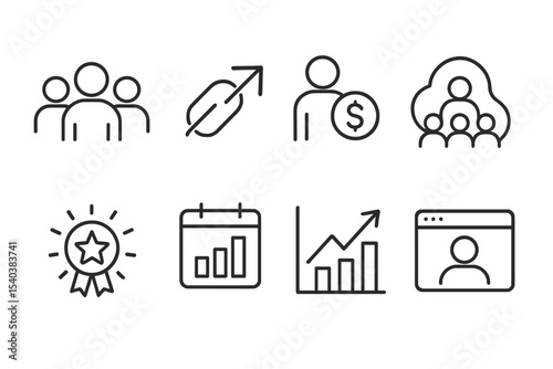 Community Growth Icons. Line style icons of community growth: member count, invite link, referral bonus, join wave, new badge,