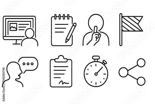 Observational Study Icons. Line style icons of observational studies: user task view, note-taking, silent observation, think-aloud