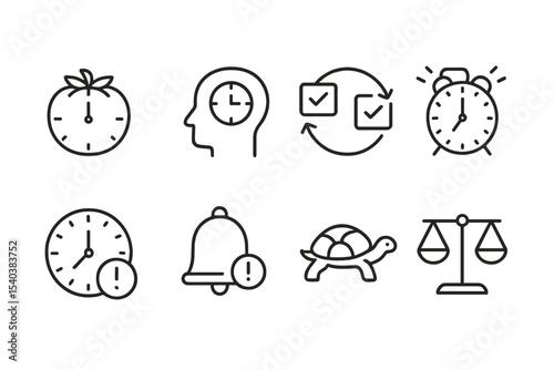 Productivity Icons Set. Line style icons of productivity with balance: Pomodoro clock, deep focus icon, task break loop, work