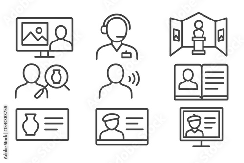 Virtual Museum Icons. Line style icons of virtual museum curators: exhibit screen, tour guide icon, room layout, object zoom,