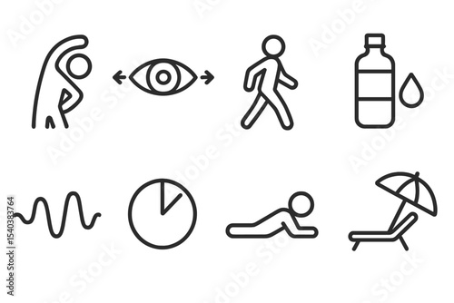 Guided Break Icons. Line style icons of guided breaks: stretch guide, eye exercise, walk prompt, hydration reminder, breathing