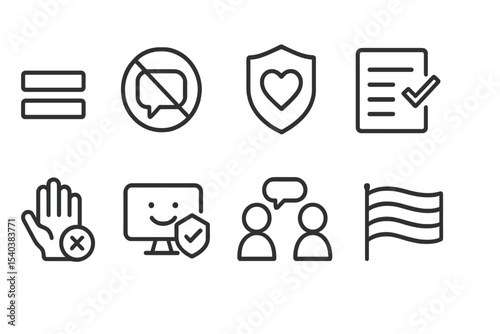 Anti-Discrimination Icons. Line style icons of anti-discrimination design: equal sign, no hate speech, safe space badge, community