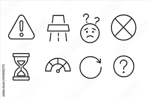 Frustration Icons. Line style icons of user frustration points: error alert, dead end, confusion face, blockage icon, wait timer,