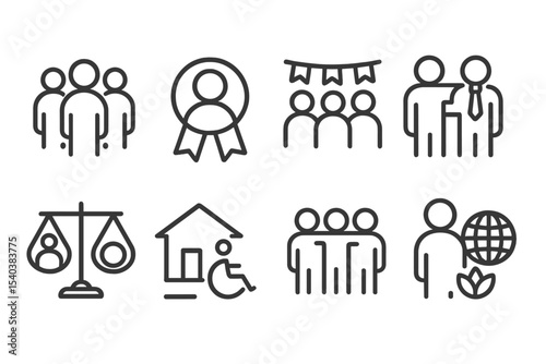 Community Inclusion Icons. Line style icons of community inclusion: group diversity, participation badge, inclusive events,