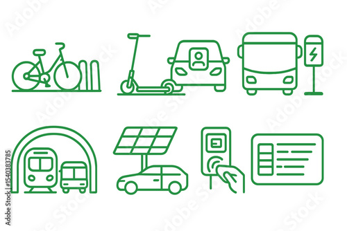 Green Mobility Icon Set. Line style icons of green mobility hubs: bike dock, scooter charge pad, car share lane, electric bus stop
