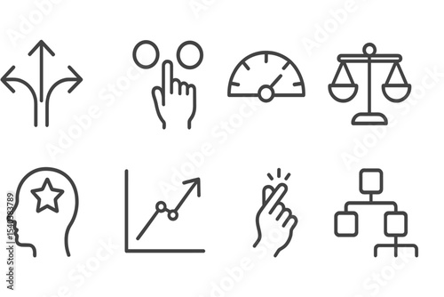 Decision Making Icons. Line style icons of decision making: crossroads icon, choice buttons, risk meter, cost-benefit scale,