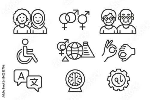 Diversity Line Icons. Line style icons of diversity and representation: multicultural avatars, gender inclusive, age diversity,