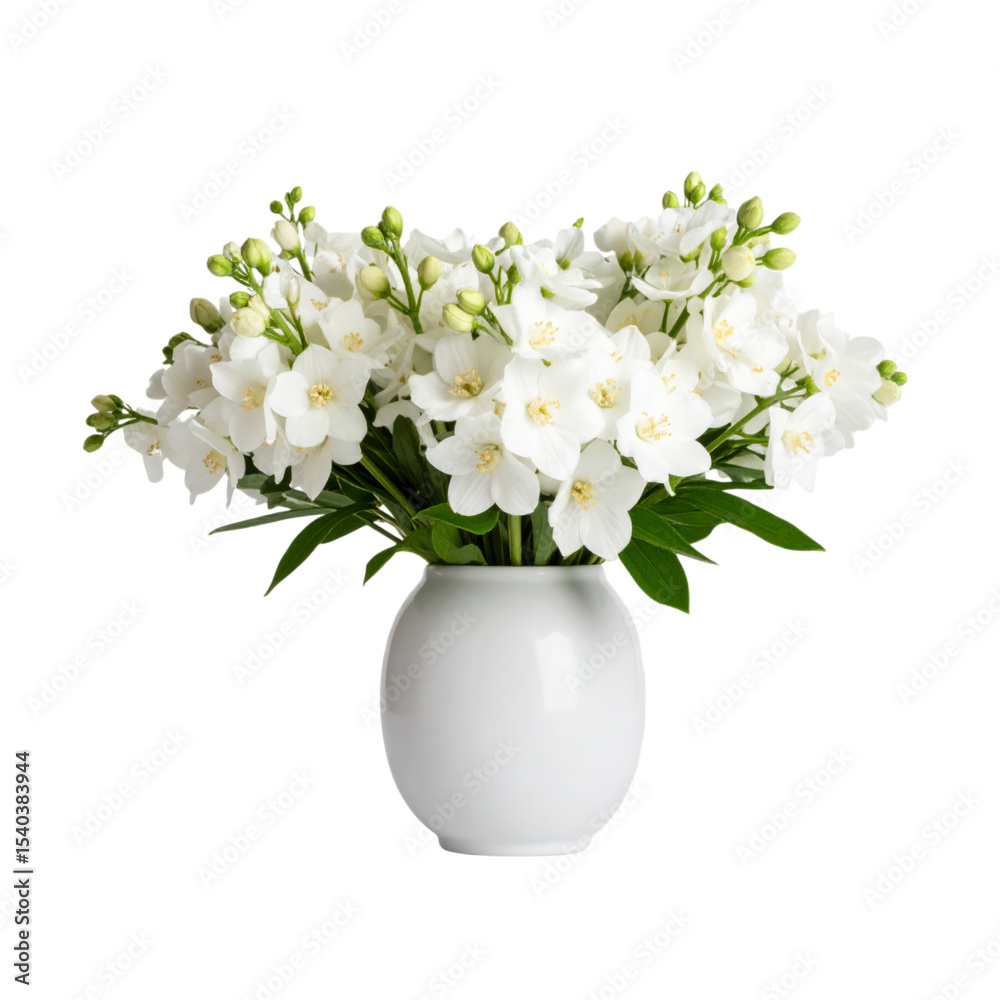 custom made wallpaper toronto digitalA white ceramic vase holds a bouquet of fresh white jasmine flowers with green leaves and unopened buds.