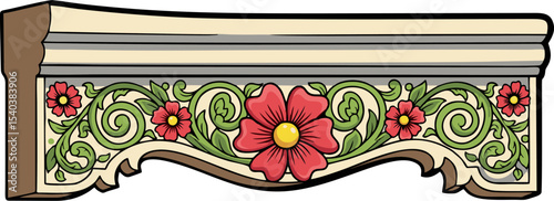 Ornate Floral Frieze with Red Flowers and Green Swirling Vines Design