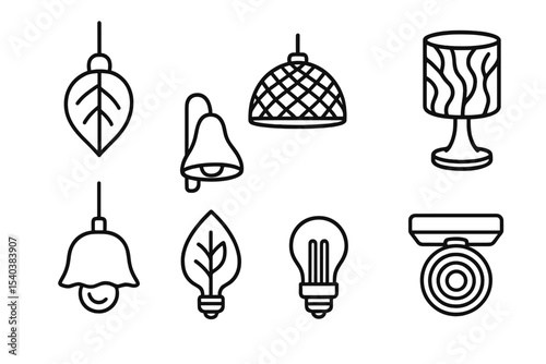 Eco Interior Icons. Line style icons of biophilic design and eco interiors: leaf-shaped pendant lamp, clay wall light, rattan