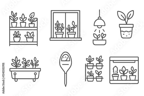 Biophilic Design Icons. Line style icons of biophilic design and eco interiors: plant-friendly shelving, window herb garden,
