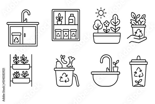 Eco-Friendly Kitchen Icons. Line style icons of biophilic design and eco interiors: compost bin under sink, home recycling zone,