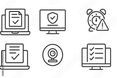 Line Style EdTech Icons. Line style icons of new education formats: digital exam mode, secure test screen, auto proctoring symbol,