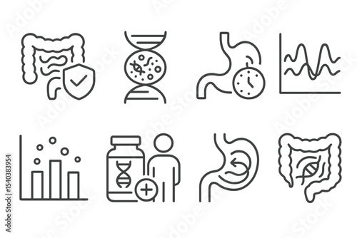 DNA Nutrition Icons. Line style icons of DNA-based nutrition: gut health indicator, microbiome DNA symbol, digestion speed icon,