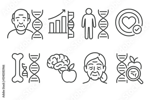 DNA Nutrition Icons. Line style icons of DNA-based nutrition: age-related gene nutrition, aging response chart, senior metabolism
