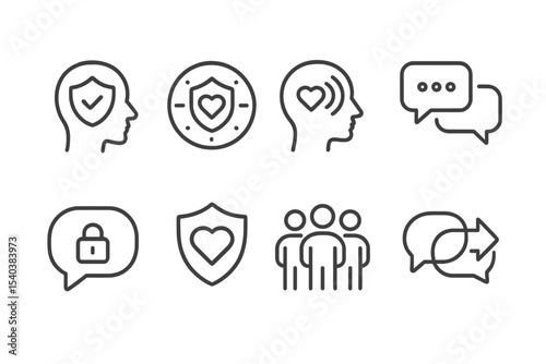 Psychology in Business Icons. Line style icons of psychology in business: psychological safety icon, safe space badge, trust radar