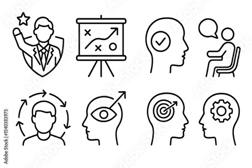 Leadership Psychology Icons. Line style icons of psychology in business: leadership psychology icon, motivation strategy chart,