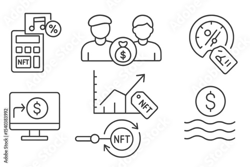 NFT Marketplace Icons. Line style icons of NFT and token marketplaces: royalties calculator, artist revenue split, resale profit