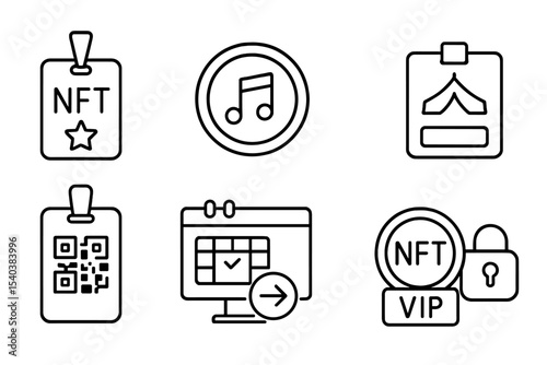 NFT Marketplace Icons. Line style icons of NFT and token marketplaces: NFT event pass, concert token icon, festival access badge,