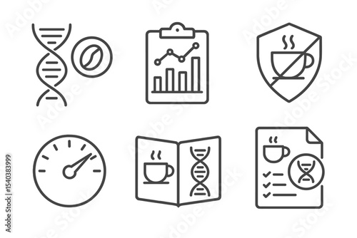 DNA Nutrition Icons. Line style icons of DNA-based nutrition: caffeine sensitivity gene, coffee response chart, sleep interference