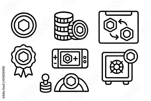 Blockchain Gaming Icons. Line style icons of blockchain gaming (GameFi): in-game token icon, coin stack reward, token exchange