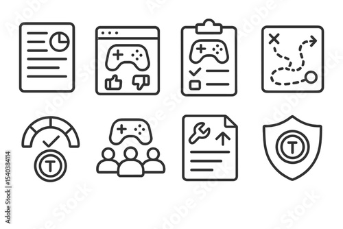 Blockchain Gaming Icons. Line style icons of blockchain gaming (GameFi): DAO proposal card, vote on game update, balance patch