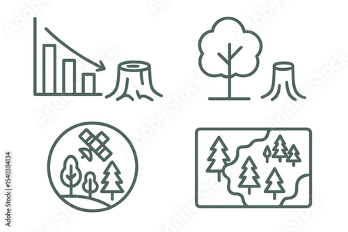Climate Analytics Icons. Line style icons of climate analytics: deforestation chart, forest loss icon, satellite vegetation badge,