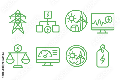 Green Tech Icons. Line style icons of green tech and eco services: smart grid icon, electricity flow chart, distributed energy
