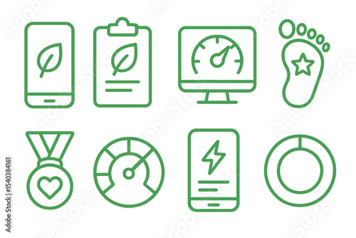 Eco Tech Icons. Line style icons of green tech and eco services: green app interface icon, sustainability tracker, eco dashboard