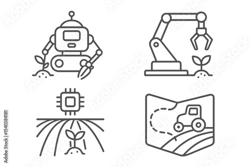 Agro-Tech Line Icons. Line style icons of agro-industrial technologies: agri-robot icon, planting robot badge, mechanical arm