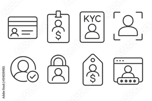 Biometric Identity Icons. Line style icons of biometrics and digital identity: bank ID icon, financial login badge, biometric KYC