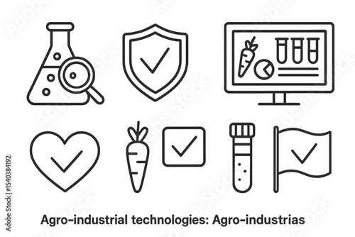 Agro-Industrial Technology Icons. Line style icons of agro-industrial technologies: food lab analysis icon, safety test badge,