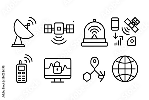 Space Technology Icons. Line style icons of space research and satellite technologies: satellite communication dish, transponder