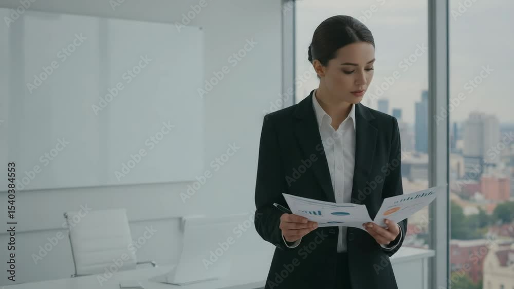 Business professional analyzes financial reports while standing in modern office with city skyline view Business professional analyzes financial reports while standing in modern office with city skyline view