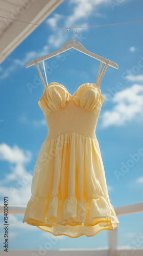 Bright yellow lace dress on a hanger drying outdoors, set against a vivid blue sky with fluffy white clouds.