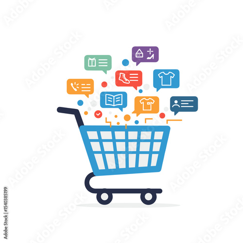 Flat icon of a shopping cart with AI-generated suggestions popping out