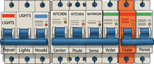 Illustrated Circuit Breaker Panel with Kitchen, Bathroom, and Lights Labels
