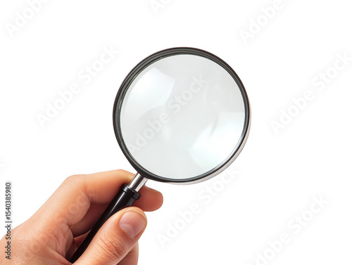 Hand holding magnifying glass isolated on transparent background
