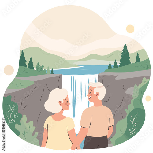 Elderly couple near waterfall. Senior couple enjoying scenic nature view. Retired people admiring waterfall landscape. Love and connection in old age by the water. Elderly set