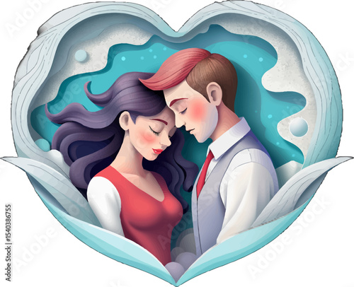 Eternal Love: A tender embrace between a couple, nestled within a stylized heart, representing everlasting love and affection.