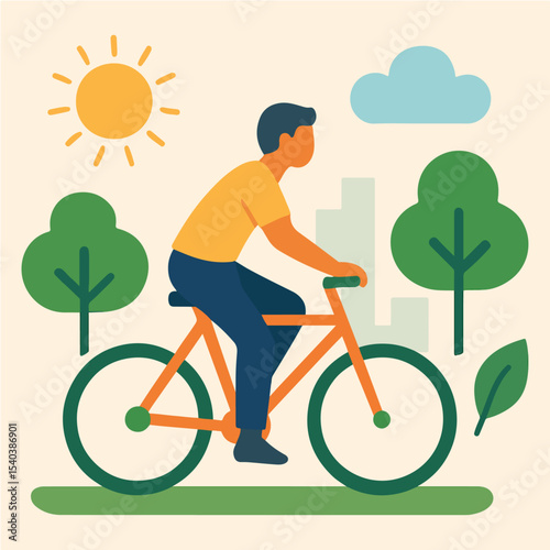 Vibrant vector illustration of a person biking through a park under a bright sun. Ideal for eco-friendly, healthy living, and active lifestyle themes. Clean style.