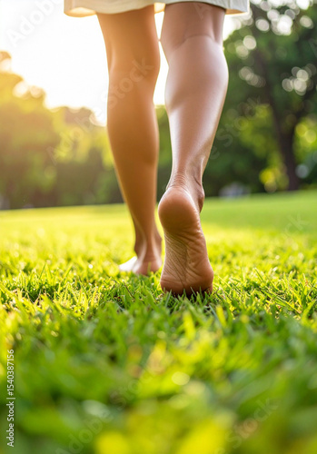 Woman's legs walking on green grass