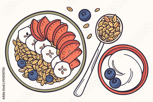 Flat lay vector illustration of healthy granola bowl with fruits and yogurt