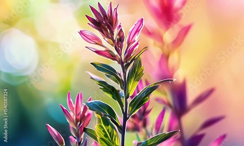 Closeup of Pink Tipped Leaves with Blurred Yellow and Green Background in a Bokeh Style Detailed Natural Composition