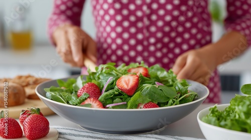 Preparing a fresh spinach and strawberry salad in a modern kitchen setting