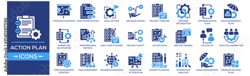 Action Plan icon collection set. Containing design Strategic Roadmap, Task Prioritization, Goal Setting, Action Checklist, Decision Making. Solid icon collection.
